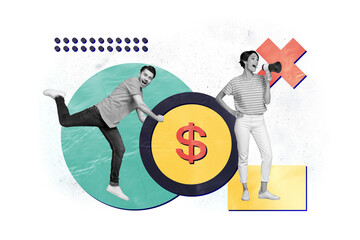 Aufkleber - Creative abstract template collage of two funny people earning money teamwork unusual fantasy billboard comics zine