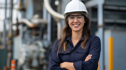 Beautiful Female engineer in safety protective equipment standing orders for construction crews to work at building construction site