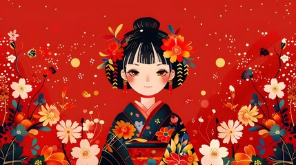 Poster - Young Japanese woman in traditional kimono, colourful flower background. Fashionable little hipster lofi anime girl costume 3d digital art cartoon, kawaii oriental landscape wallpaper. New year card.