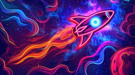 Wall Mural - A neon sign of a retro rocket ship blasting off into a galaxy of swirling colors against a deep space backdrop.