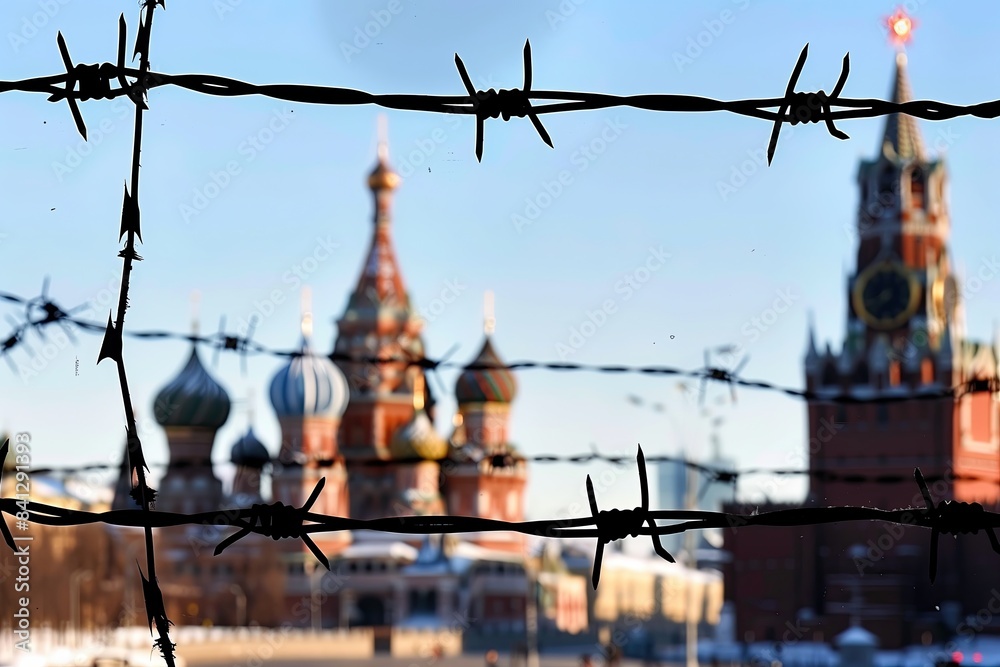 A view on St. Basil's Cathedral through a rusty barbed wire. Russia, Moscow, Red Square. Kremlin, razor wire. Russian capital. Saint Basil's Cathedral. Human rights. Post. Russian Federation