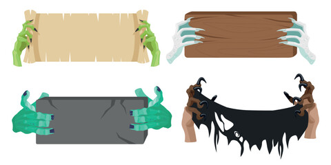 Set of hands of characters holding different signs in a cartoon style. Vector illustration of creepy witch hands, monsters with claws holding papyrus, wooden tablets, stone, torn rag. Halloween.