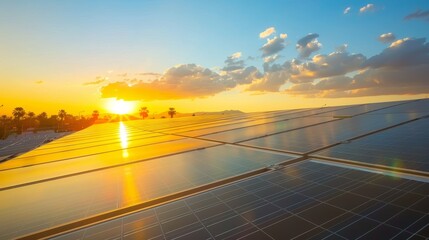 Solar Panel Farm at Sunset with Golden Sky and Clouds