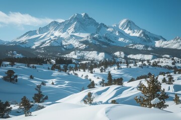 Sticker - A majestic mountain range covered in snow, with clear blue skies above and pine trees dotting the landscape below.