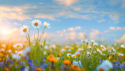 Poster - Field of many daisies in green grass swaying in the wind against a blue sky with clouds. Natural landscape featuring wild meadow flowers, wide format with ample copy space, summer scenery, fresh flora