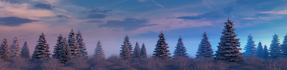 Snow covered Trees create Beautiful Winter Woodland Banner. Seasonal Concept.