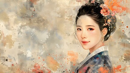 Wall Mural - A beautiful Korean woman in traditional dress smiles against a textured background.