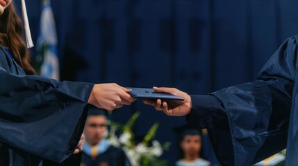Wall Mural - A diploma being handed over, the exchange captured in a moment of solemnity against a backdrop of deep navy blue.