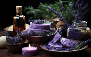 Canvas Print - Lavender on table with products for skin care