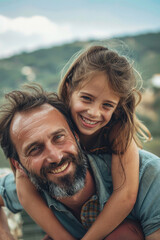 A man holding a young girl on his shoulders, a heartwarming moment