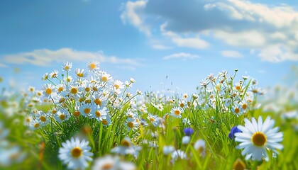Wall Mural - Field of many daisies in green grass swaying in the wind against a blue sky with clouds. Natural landscape featuring wild meadow flowers, wide format with ample copy space, summer scenery, fresh flora