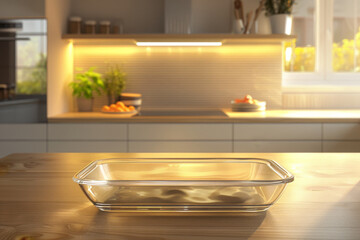 transparent glass baking dish placed on a wooden table in a modern kitchen setting. concept: mockup transparent plate for baking in the oven. cook and add your own food 