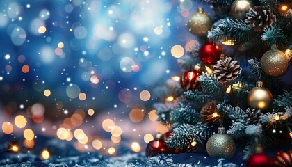 Wall Mural - An ornate Christmas tree on a beautiful Christmas background with blurry shiny lights and beautiful bokeh against an evening blue background, festive holiday decorations, winter season celebration.