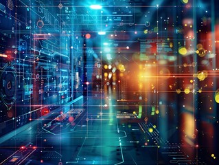 Poster - cyberpunk themed office with modern tech decor and digital overlay, featuring a blurred view of desk
