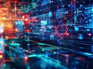 Poster - cyberpunk themed office with modern tech decor and digital overlay, featuring a blurred view of desk