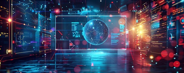 Poster - Stylish cyberpunk office with open space layout, neon lights, and information overlays, background blurred