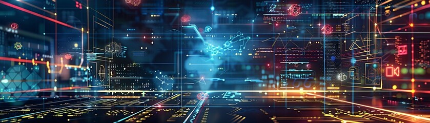 Poster - Neon-lit office with cyberpunk theme and advanced tech overlays, blurred background of work areas