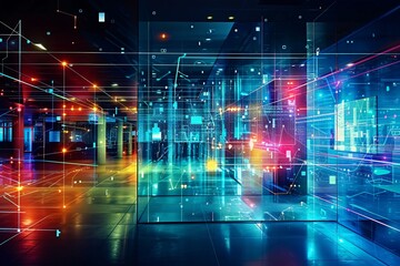 Poster - Sleek futuristic office with neon cyberpunk design, digital overlays, and blurred workstations
