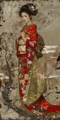 Wall Mural - A Japanese woman wearing a kimono with floral patterns and a cherry blossom tree in the background