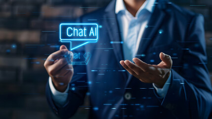 Wall Mural - Photo of a businessman holding an AI chat icon with text Chat AI 