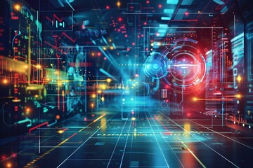 Poster - Futuristic open space office interior with vibrant neon lights and holographic information displays, blurred background