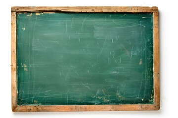 An empty green chalkboard with a wooden border on a plain white background