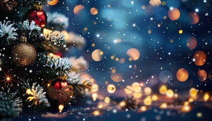 Wall Mural - An ornate Christmas tree on a beautiful Christmas background with blurry shiny lights and beautiful bokeh against an evening blue background, festive holiday decorations, winter season celebration.