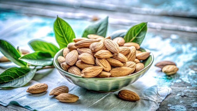 Bowl of raw almonds with green leaves.