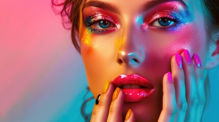a woman with bold beauty look, featuring bright makeup and vibrant nail polish colors