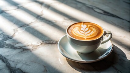 Canvas Print - Cup of coffee with latte art on a marble table.