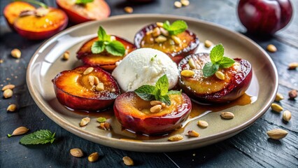 Poster - Grilled peaches with ice cream and mint.