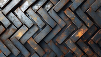 Wall Mural - Rusty metal 3d stripes herringbone style abstract pattern background 