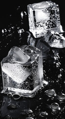 Poster - Simple modern menu ice cubes and water black background. Generative AI.
