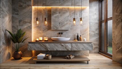 Canvas Print - Luxurious bathroom with marble and wood accents.