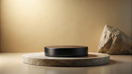 Sticker - Minimalist round pedestal with a rock on a beige background.