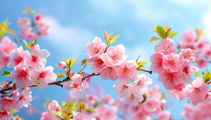 Wall Mural - Amazing colorful dreamy romantic artistic image of blossoming cherry branches with pink sakura flowers on a blue sky and white clouds background in spring nature outdoors, banner format, spring cherry