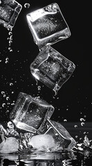 Poster - Simple modern menu ice cubes and water black background. Generative AI.