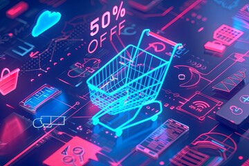 Poster - A vibrant digital background showcasing an online sale with a 3D shopping cart, product icons, and a bold 50% Off offer. Generative AI