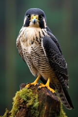 a close-up shot of a bird of prey perched on a decaying tree stump, looking around with sharp eyes