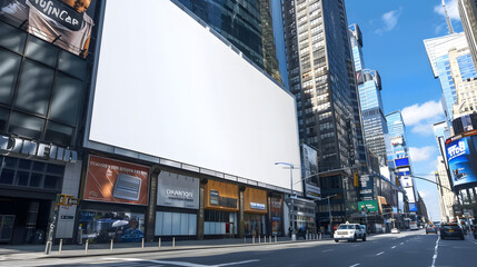 Ultra HD white billboard on a city street corner. with high-rises and a blue sky