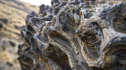 Wall Mural - an upclose shot of the unique texture and shape of a basalt column with intricate patterns caused by