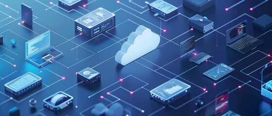 Array of devices connected to the internet, representing modern technology and cloud services, illustrating seamless digital connectivity