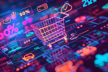 Poster - An abstract digital illustration of an online sale, featuring a shopping cart, product icons, and bold discount percentages. Generative AI