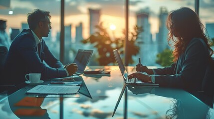 Aufkleber - Business formal meeting conference discussion with coworker shareholder or client concentrate private idea data report analysis businesspeople working find solution together in office. Generative AI.