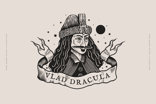 Vampire Count Dracula in engraving style. Hand drawn portrait of Vlad Tepes on a light background. Famous literary and historical character. Vector isolated illustration.