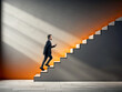 © Who is Danny - A man ascending a staircase with contrasting light and shadows, on a plain background, concept of progress. Generative AI