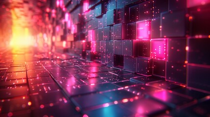 Poster - A close-up perspective of a digitally-generated scene featuring rows of geometric shapes with neon pink highlights.