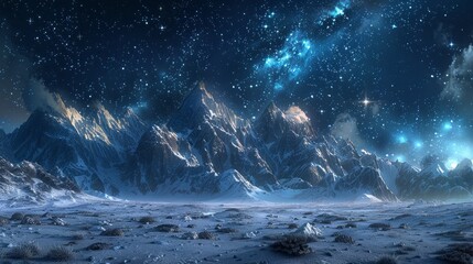 Illustrate the majestic expanse of a rugged mountain range under a vast starlit sky