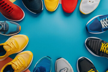 Sticker - Top view of various athletic shoes arranged in circle on blue background