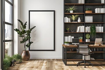 Wall Mural - A large blank white poster frame is hanging on the wall of an office, a modern and minimalist interior design ai generative